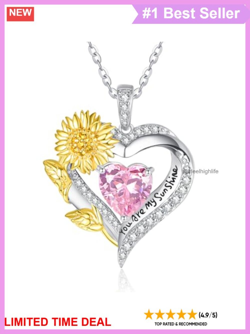 14K Gold Plated Sunflower Heart Pendant Necklace with Birthstone
